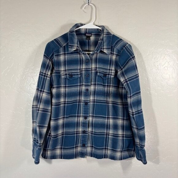 Patagonia Fjord Flannel Shirt Womens 2 Button Organic Cotton Blue Plaid - Picture 1 of 7